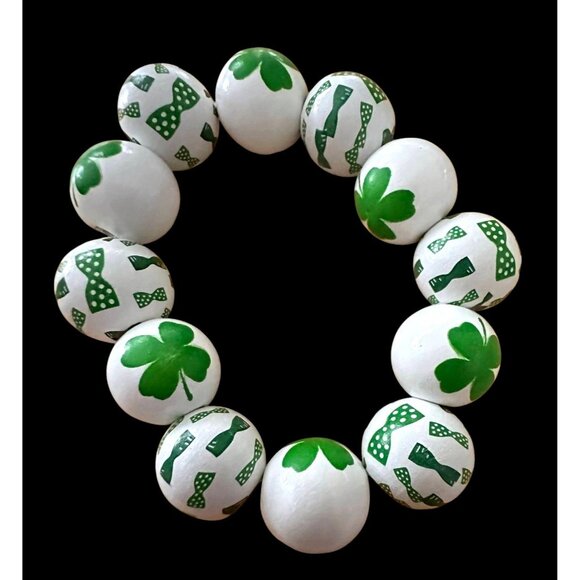 Luck of the Irish Clover Wood Beaded Stretch Bracelet St Patricks Day Ne… - Picture 8 of 12